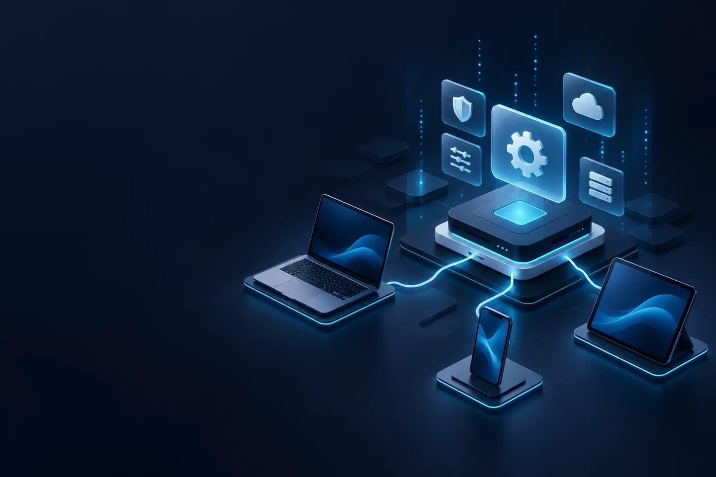Illustration of centrally managed laptops, tablets and phones